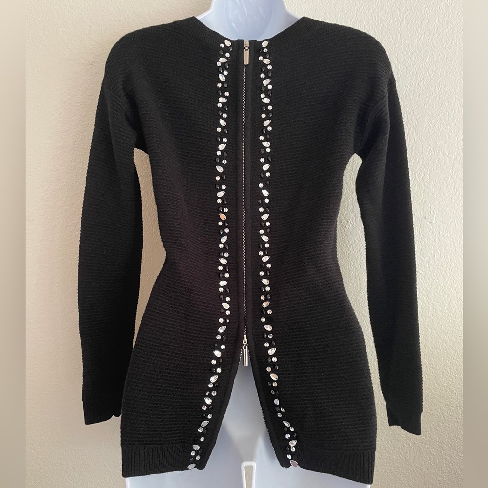 Venus Jewel Beaded Zip Up Zipper Back Long Sleeve V-Neck Black Sweater Size XS